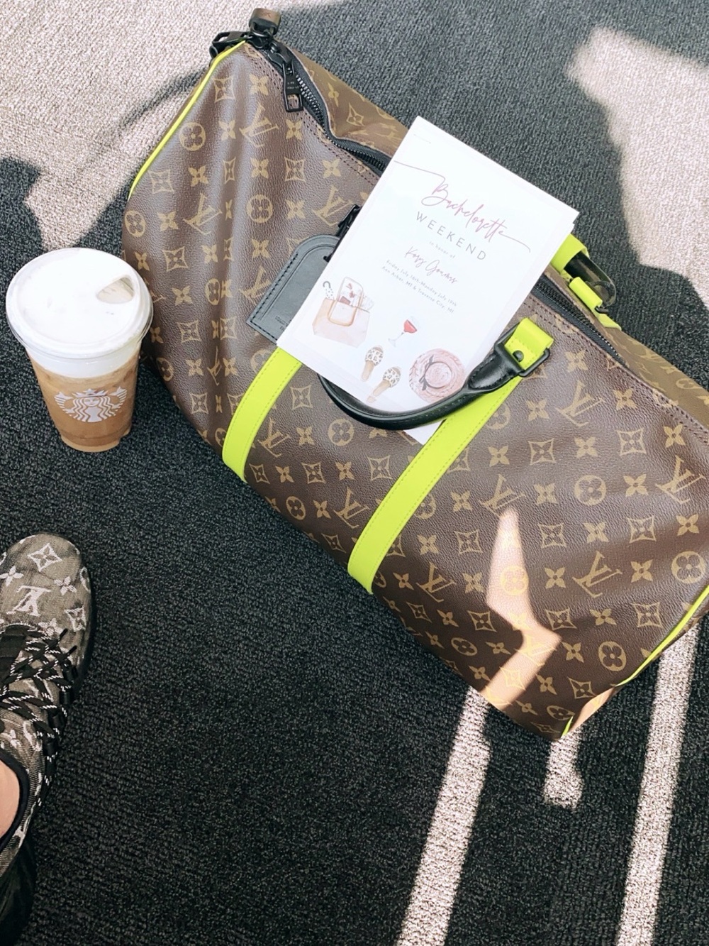 Louis Vuitton Brown Monogram Duffel with Neon Yellow Accents - Picture 3 of 3